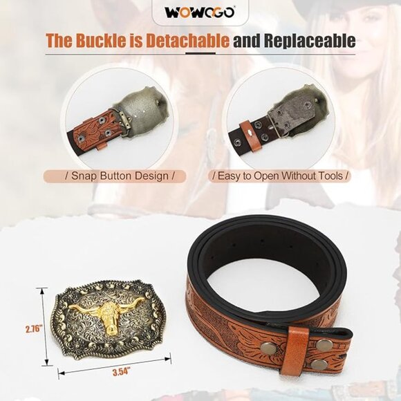 Women Men Western Belts Cowboy Cowgirl Country Belt Longhorn Bull Buckle - Picture 4 of 6